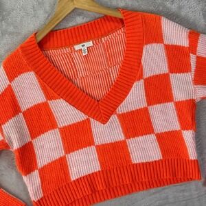 BP. Women's Cropped Checkerboard V-Neck Sweater Pink Orange Acrylic Sz M